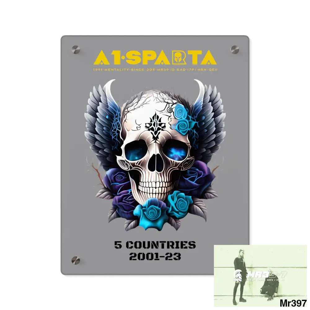 5 Countries 2001-23 A1Sparta Gothic skull wings and blue roses Acrylic Wall Art Panels 11″ x 14″ (Vertical) / 0.25’’