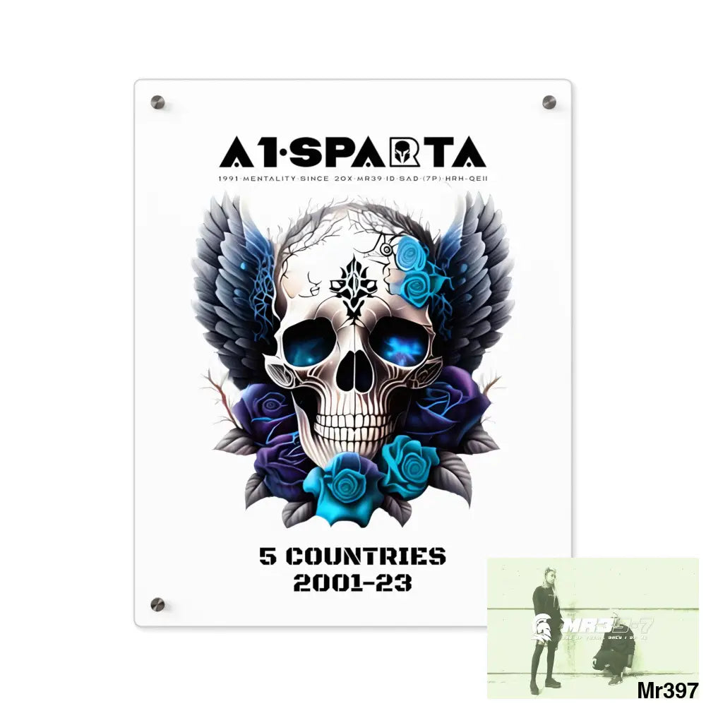 5 Countries 2001-23 A1Sparta Gothic skull wings and blue roses Acrylic Wall Art Panels 16″ x 20″ (Vertical) / 0.25’’
