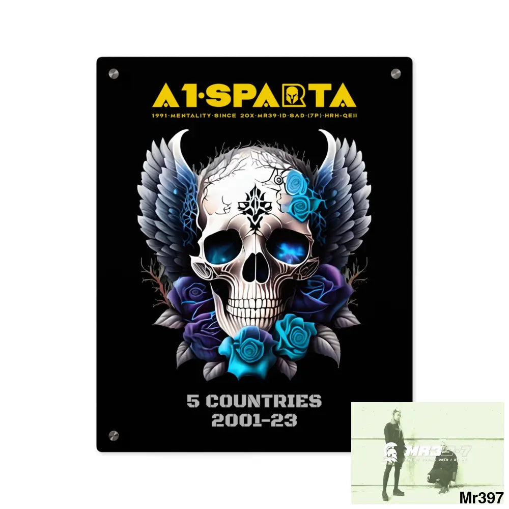 5 Countries 2001-23 A1Sparta Gothic skull wings and blue roses Acrylic Wall Art Panels 16″ x 20″ (Vertical) / 0.25’’