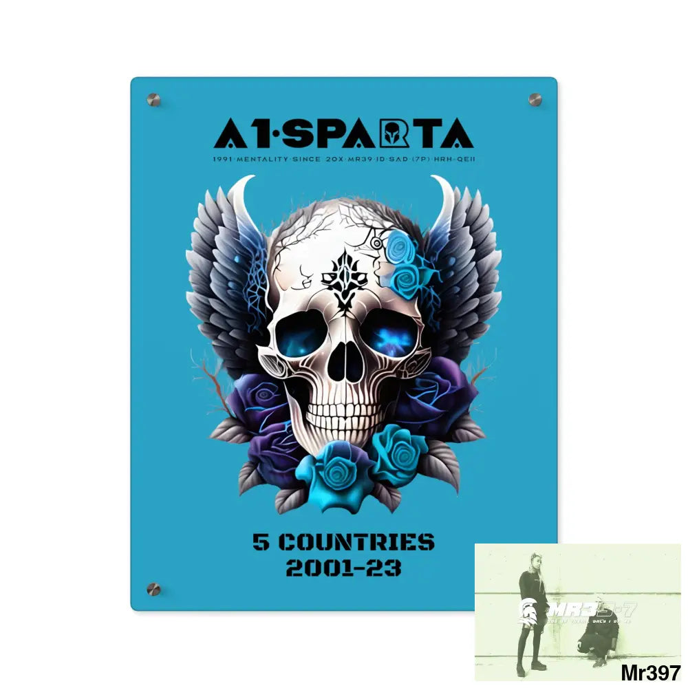 5 Countries 2001-23 A1Sparta Gothic skull wings and blue roses Acrylic Wall Art Panels 16″ x 20″ (Vertical) / 0.25’’