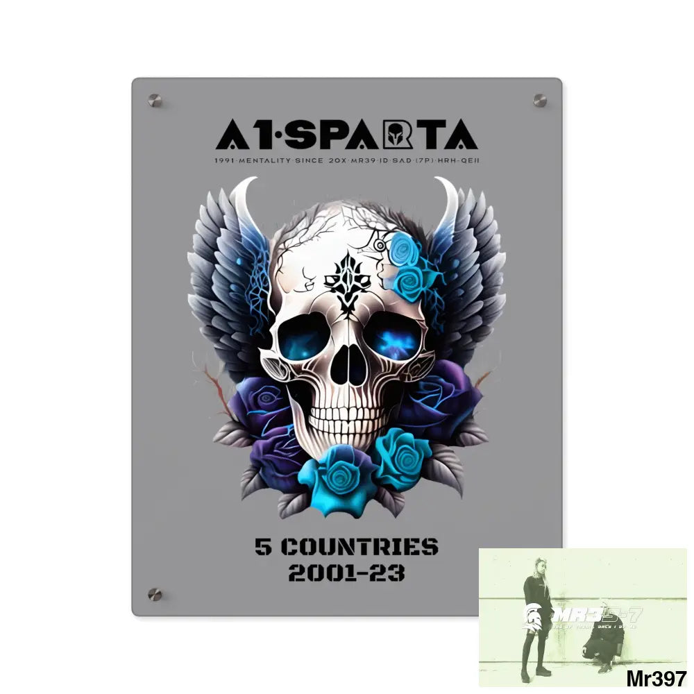 5 Countries 2001-23 A1Sparta Gothic skull wings and blue roses Acrylic Wall Art Panels 16″ x 20″ (Vertical) / 0.25’’