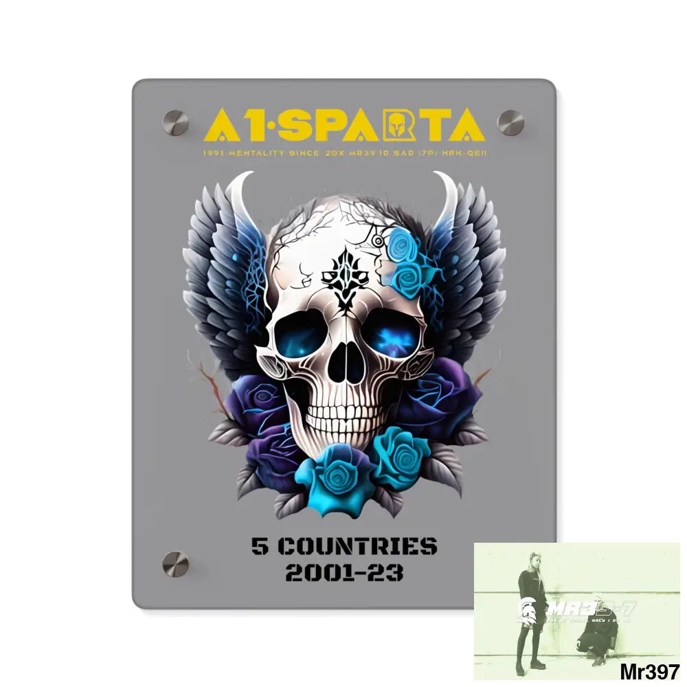 5 Countries 2001-23 A1Sparta Gothic skull wings and blue roses Acrylic Wall Art Panels 8″ x 10″ (Vertical) / 0.25’’