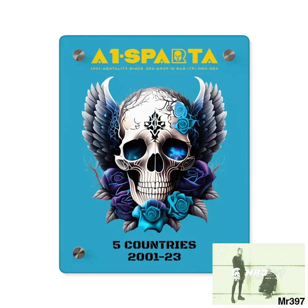 5 Countries 2001-23 A1Sparta Gothic skull wings and blue roses Acrylic Wall Art Panels 8″ x 10″ (Vertical) / 0.25’’
