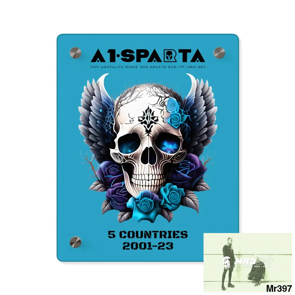 5 Countries 2001-23 A1Sparta Gothic skull wings and blue roses Acrylic Wall Art Panels 8″ x 10″ (Vertical) / 0.25’’
