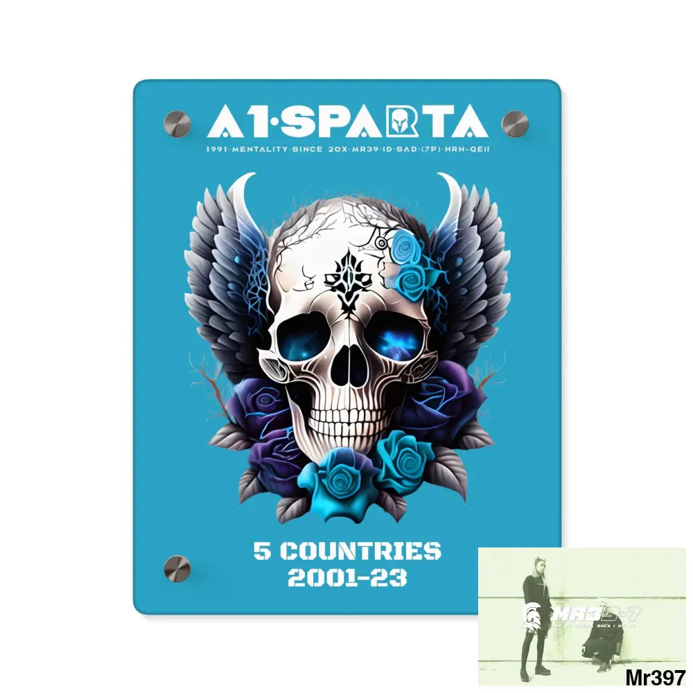 5 Countries 2001-23 A1Sparta Gothic skull wings and blue roses Acrylic Wall Art Panels 8″ x 10″ (Vertical) / 0.25’’