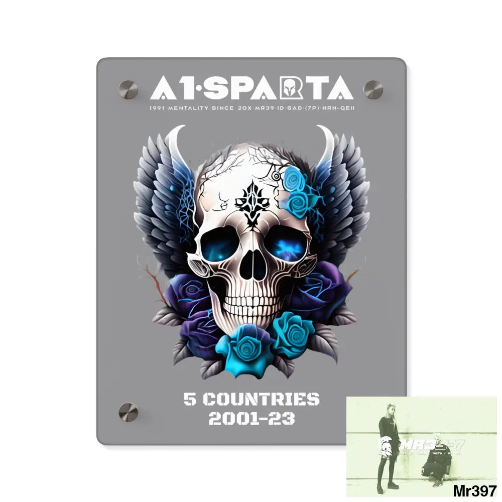 5 Countries 2001-23 A1Sparta Gothic skull wings and blue roses Acrylic Wall Art Panels 8″ x 10″ (Vertical) / 0.25’’