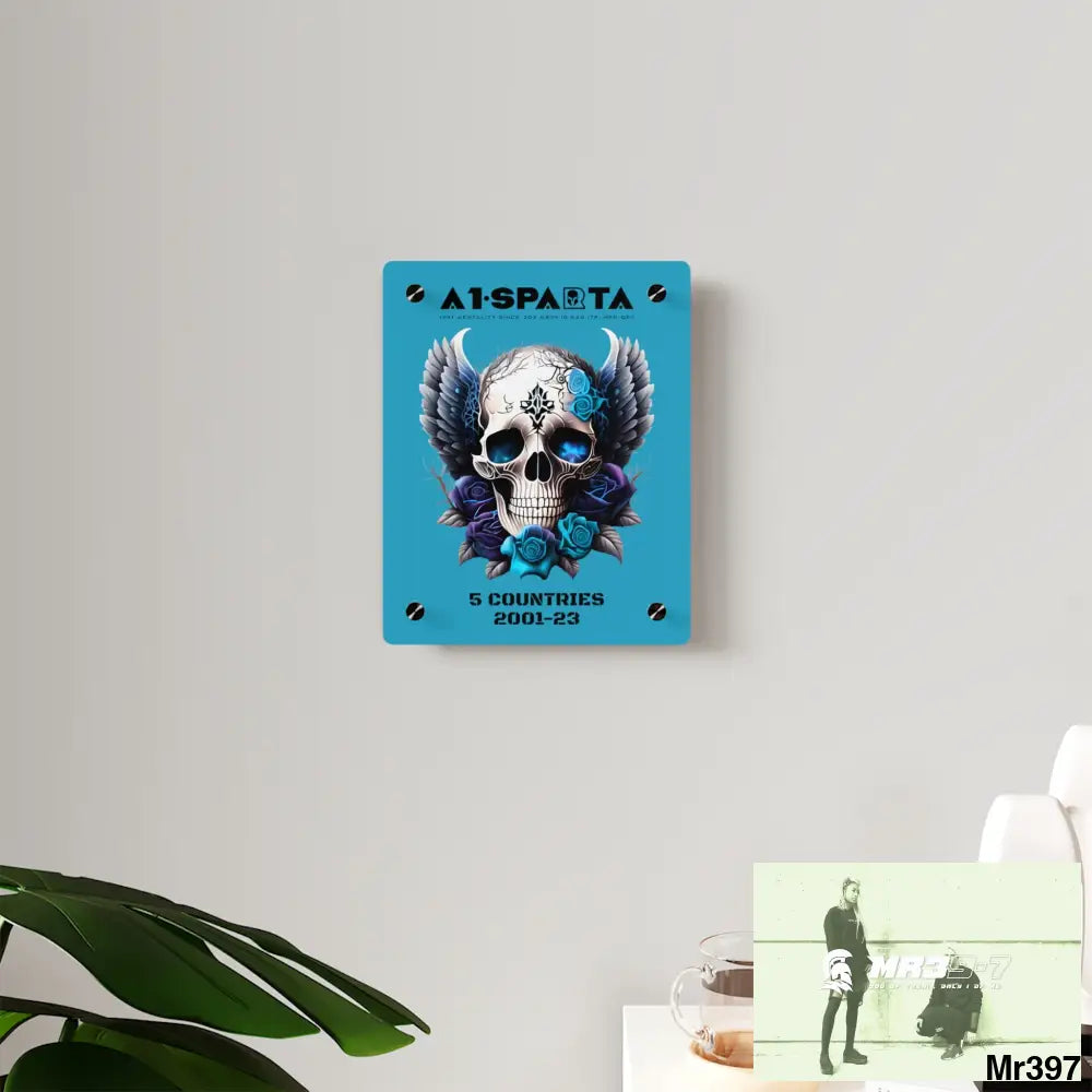 5 Countries 2001-23 A1Sparta Gothic skull wings and blue roses Acrylic Wall Art Panels Home Decor