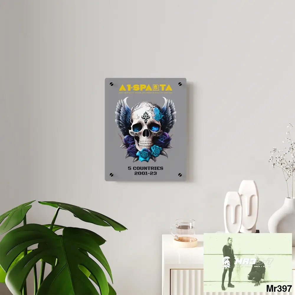 5 Countries 2001-23 A1Sparta Gothic skull wings and blue roses Acrylic Wall Art Panels Home Decor