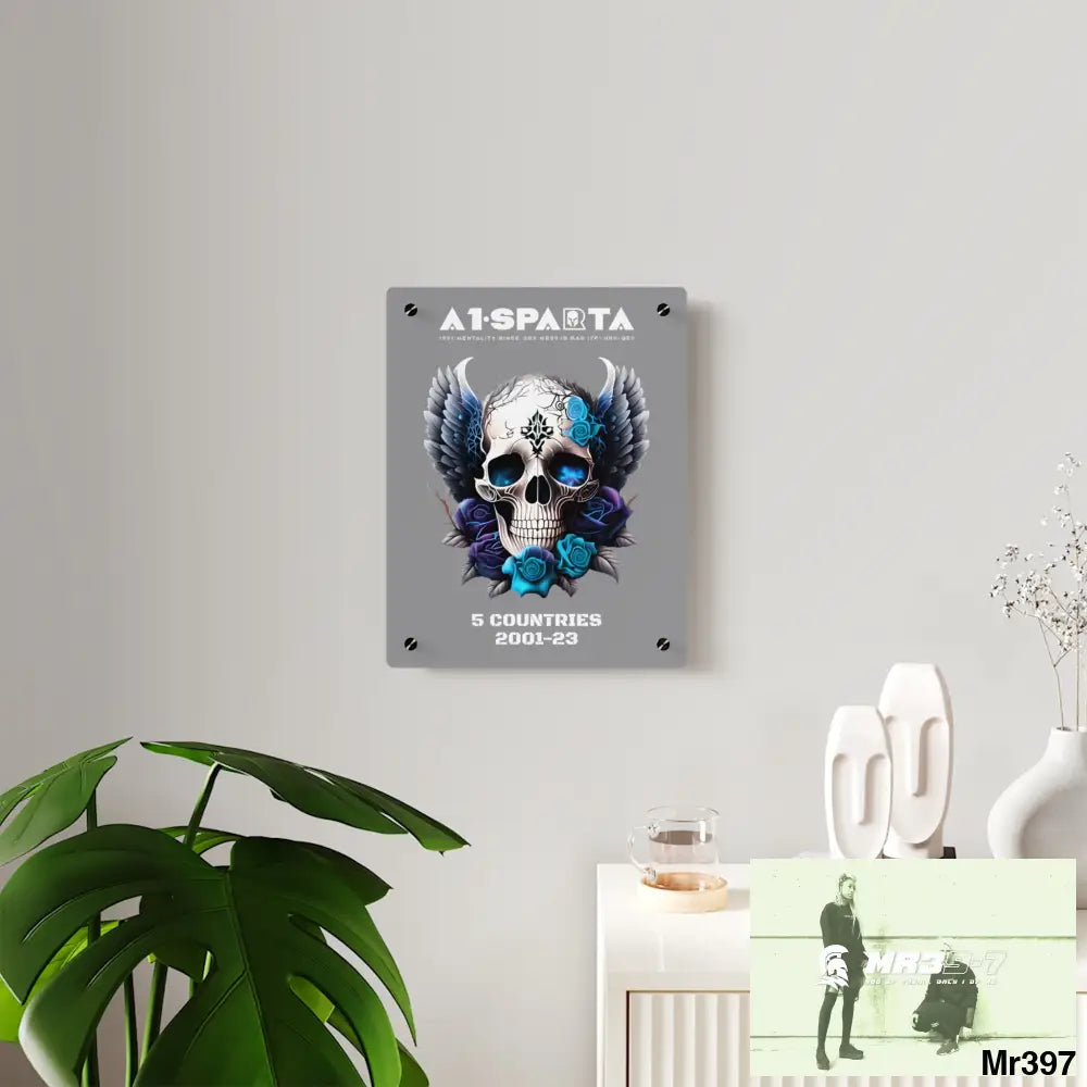 5 Countries 2001-23 A1Sparta Gothic skull wings and blue roses Acrylic Wall Art Panels Home Decor