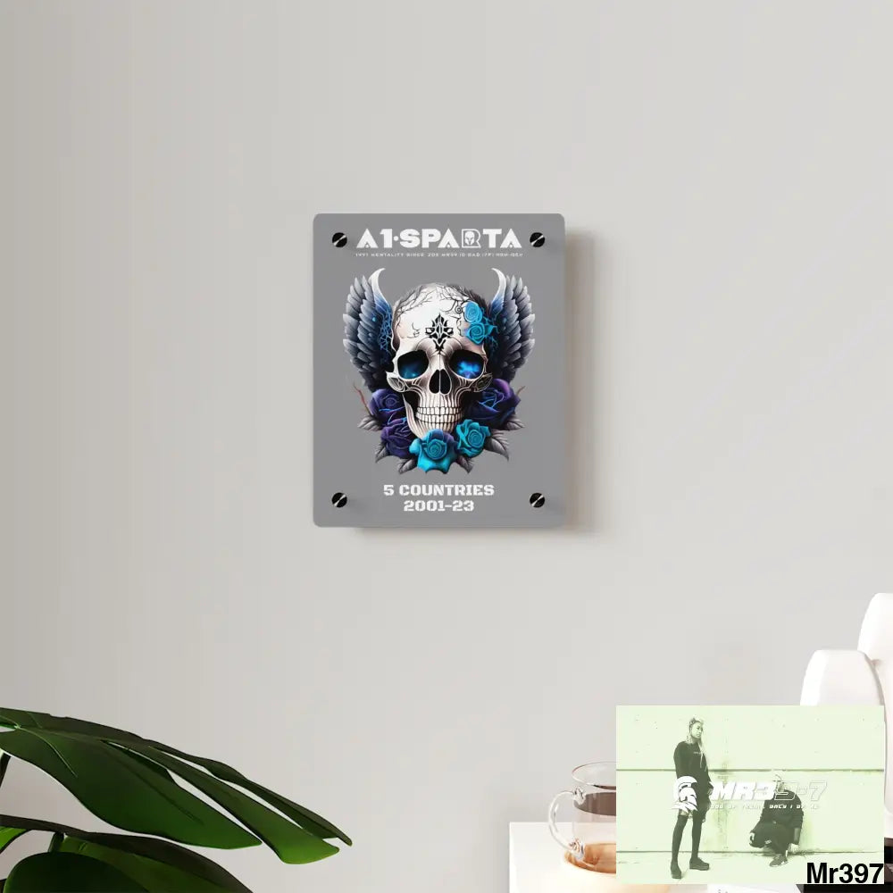 5 Countries 2001-23 A1Sparta Gothic skull wings and blue roses Acrylic Wall Art Panels Home Decor