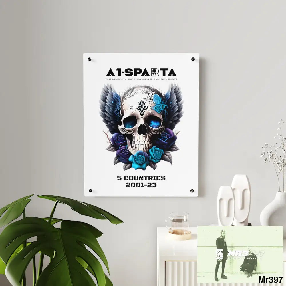 5 Countries 2001-23 A1Sparta Gothic skull wings and blue roses Acrylic Wall Art Panels Home Decor