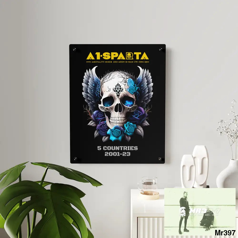 5 Countries 2001-23 A1Sparta Gothic skull wings and blue roses Acrylic Wall Art Panels Home Decor