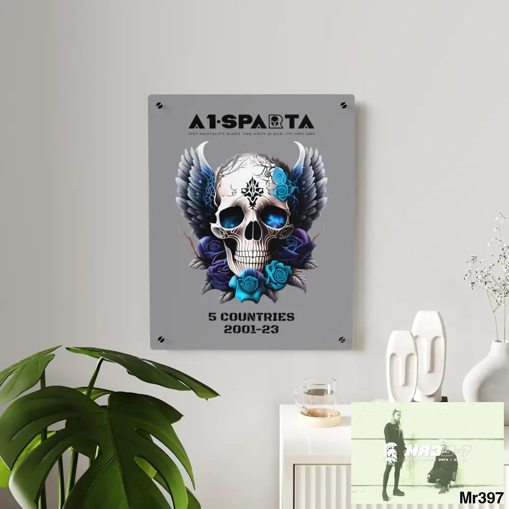 5 Countries 2001-23 A1Sparta Gothic skull wings and blue roses Acrylic Wall Art Panels Home Decor