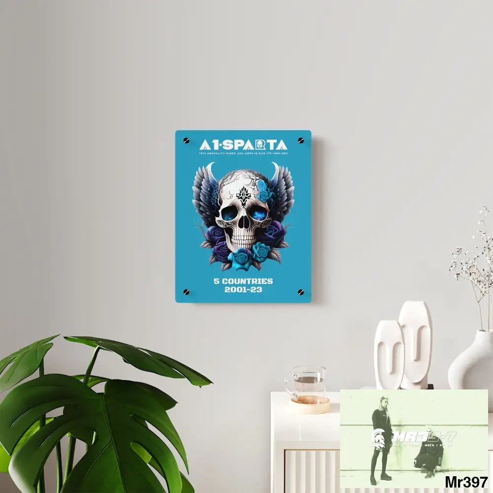 5 Countries 2001-23 A1Sparta Gothic skull wings and blue roses Acrylic Wall Art Panels Home Decor