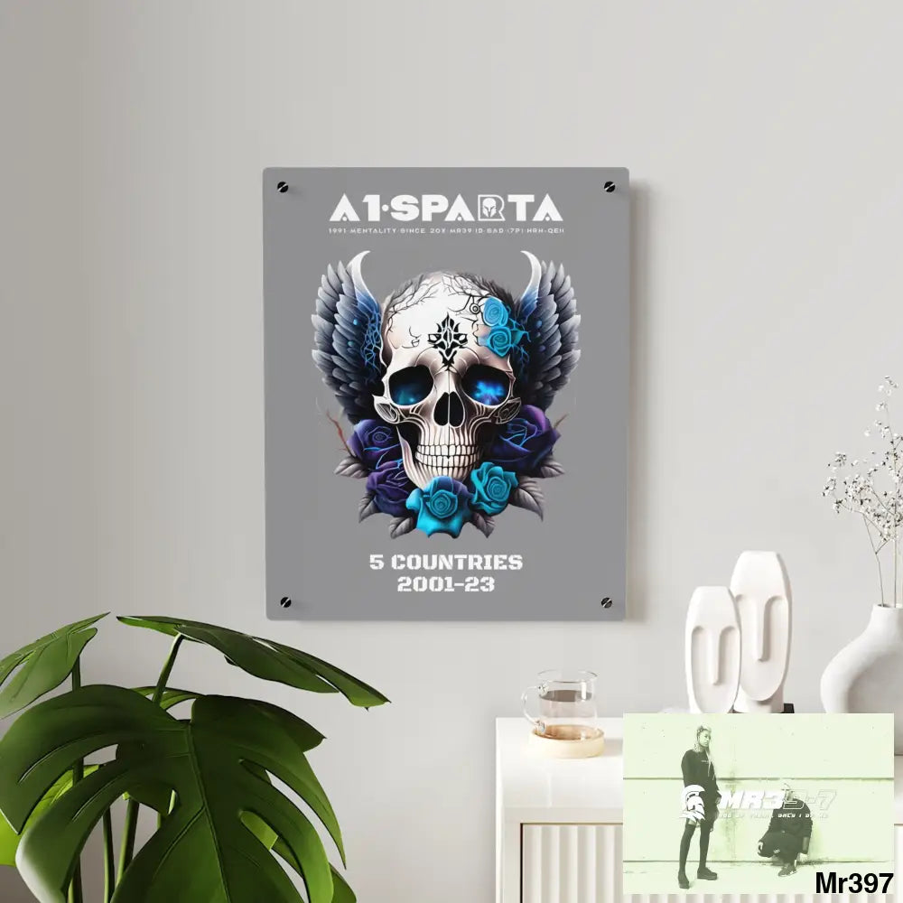 5 Countries 2001-23 A1Sparta Gothic skull wings and blue roses Acrylic Wall Art Panels Home Decor