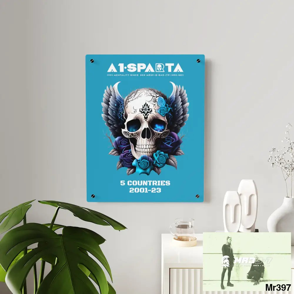 5 Countries 2001-23 A1Sparta Gothic skull wings and blue roses Acrylic Wall Art Panels Home Decor