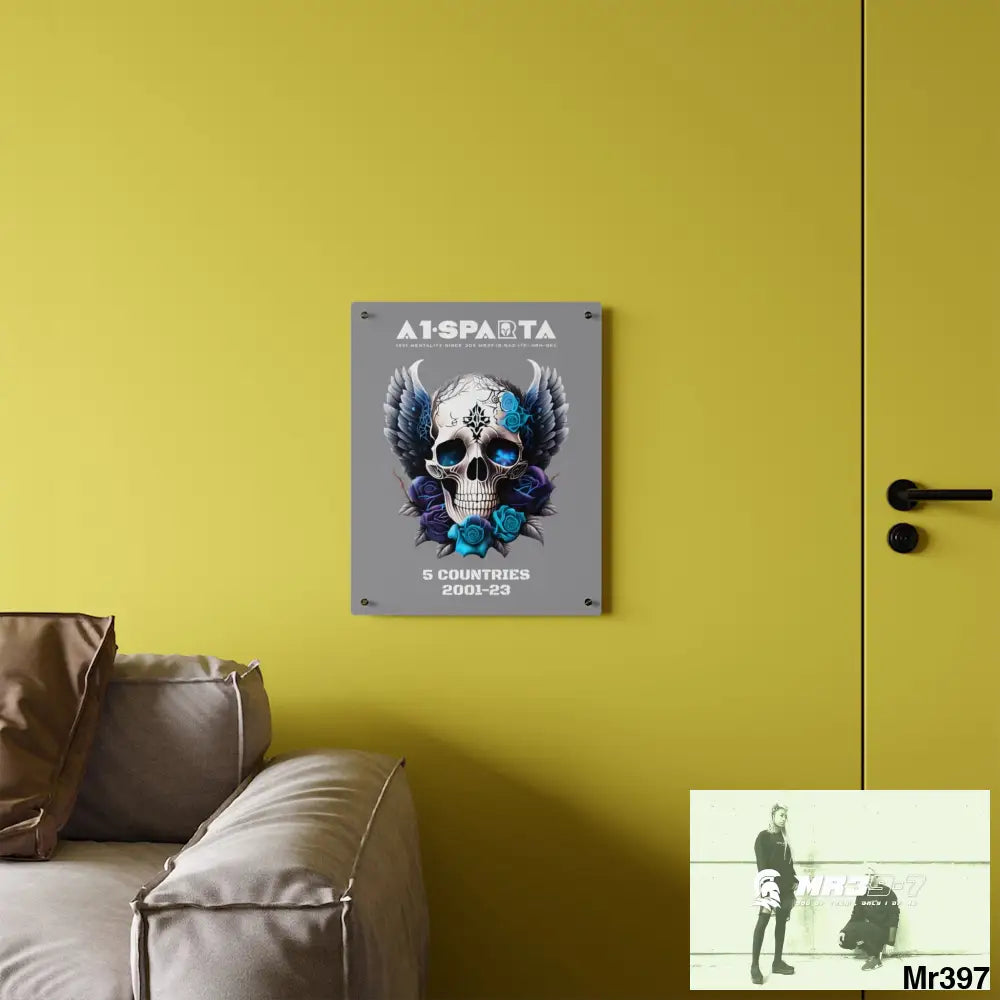 5 Countries 2001-23 A1Sparta Gothic skull wings and blue roses Acrylic Wall Art Panels Home Decor