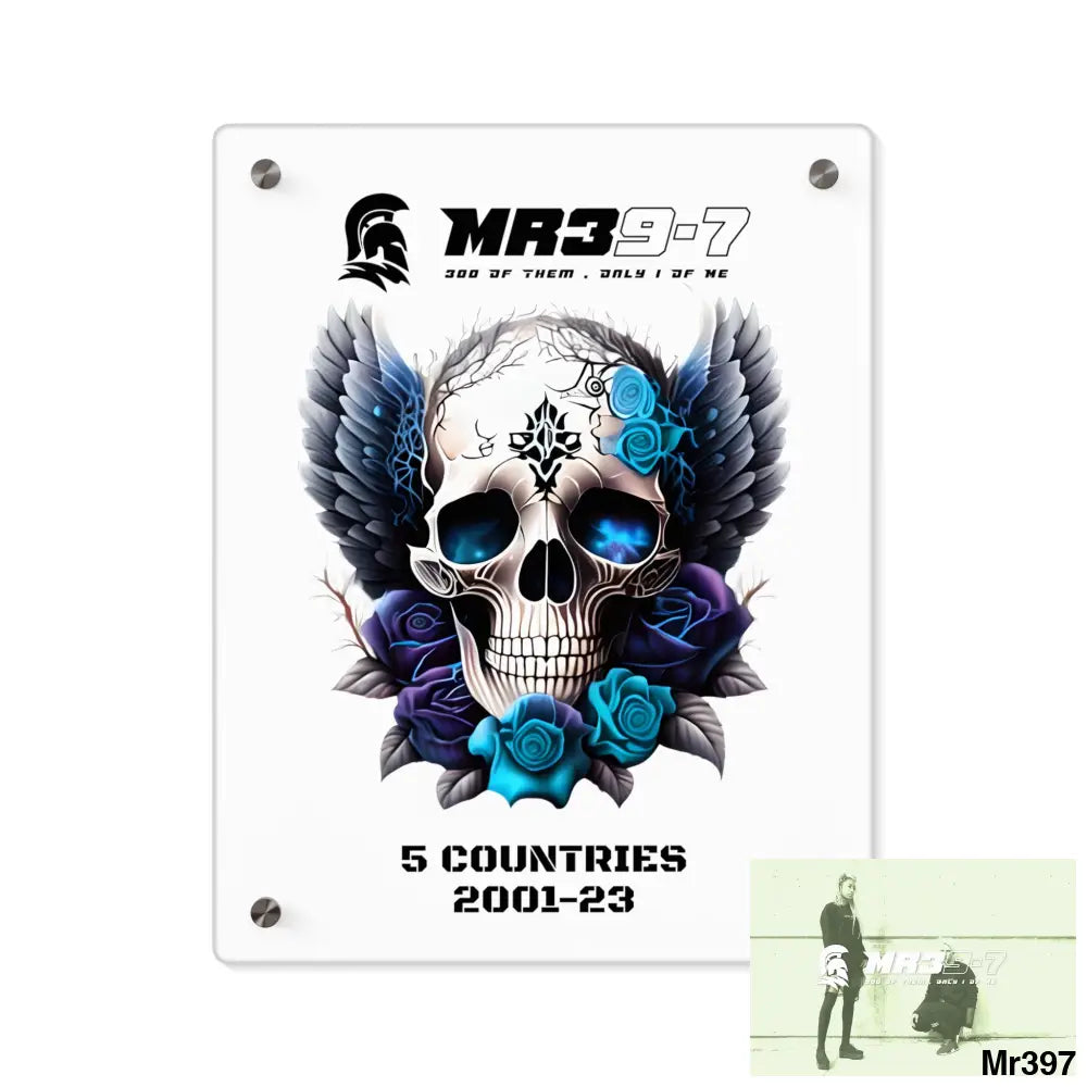 5 Countries 2001-23 Mr39-7 Gothic skull wings and blue roses Acrylic Wall Art Panels 11″ x 14″ (Vertical) / 0.25’’ Home