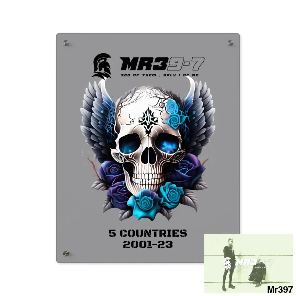 5 Countries 2001-23 Mr39-7 Gothic skull wings and blue roses Acrylic Wall Art Panels 16″ x 20″ (Vertical) / 0.25’’ Home