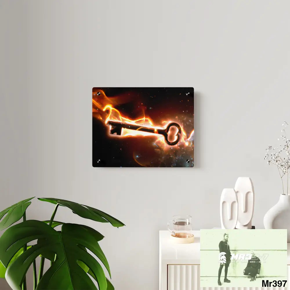 A Key on Fire in outer Space Acrylic Wall Art Panels Home Decor
