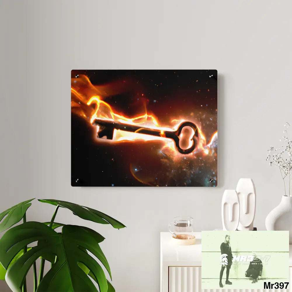 A Key on Fire in outer Space Acrylic Wall Art Panels Home Decor