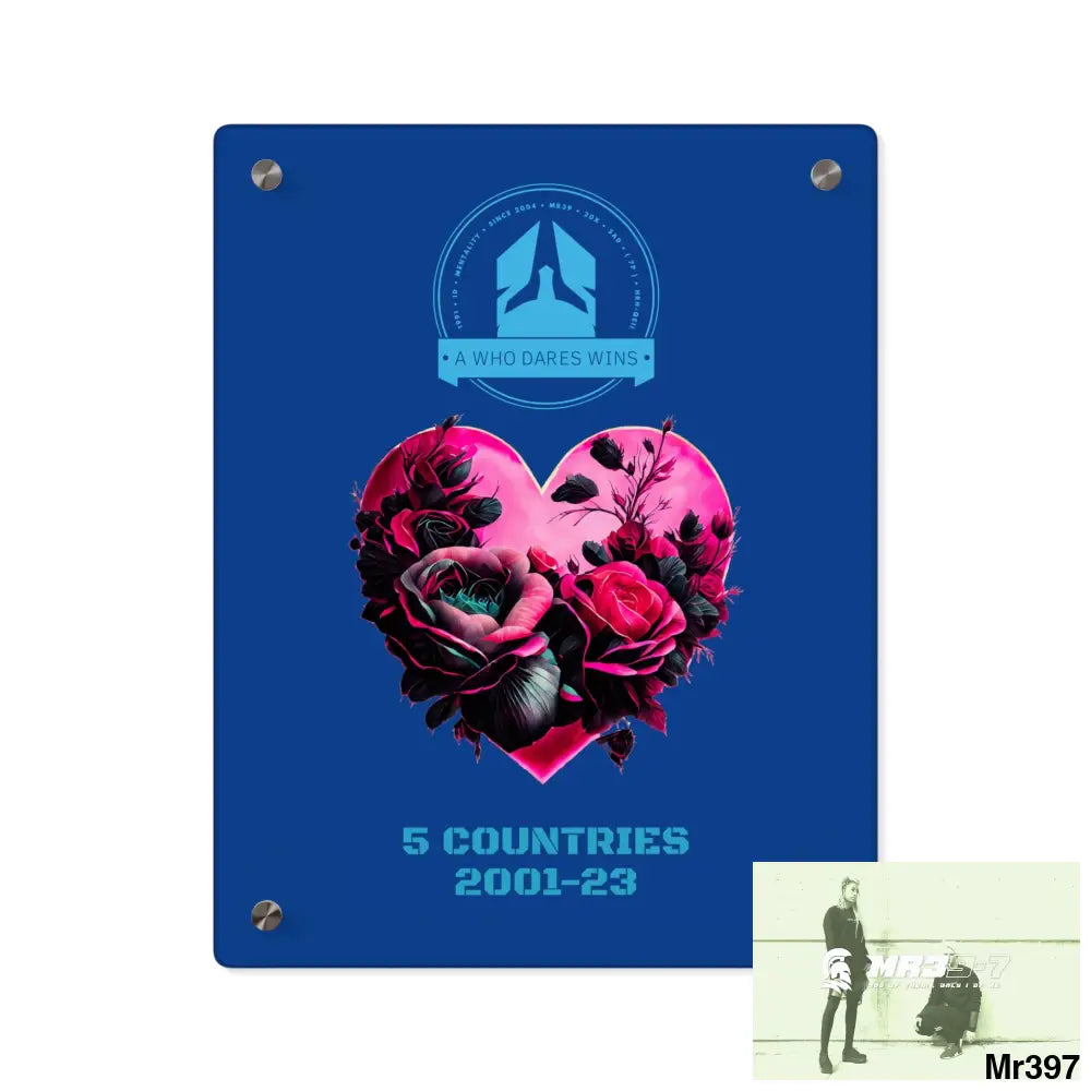 A Who Dares Wins 5 Countries 2001-23 Heart made of pink roses with black accents Acrylic Wall Art Panels 11″ x 14″