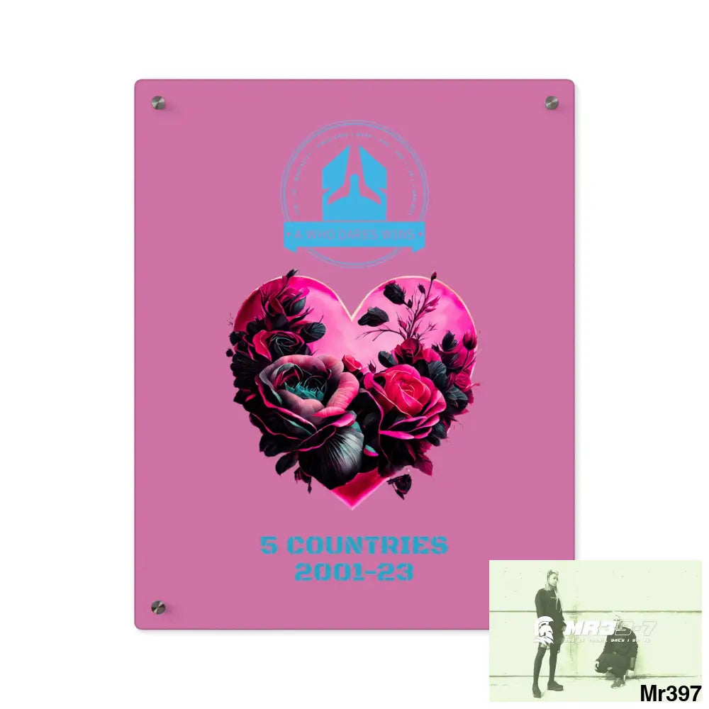 A Who Dares Wins 5 Countries 2001-23 Heart made of pink roses with black accents Acrylic Wall Art Panels 16″ x 20″