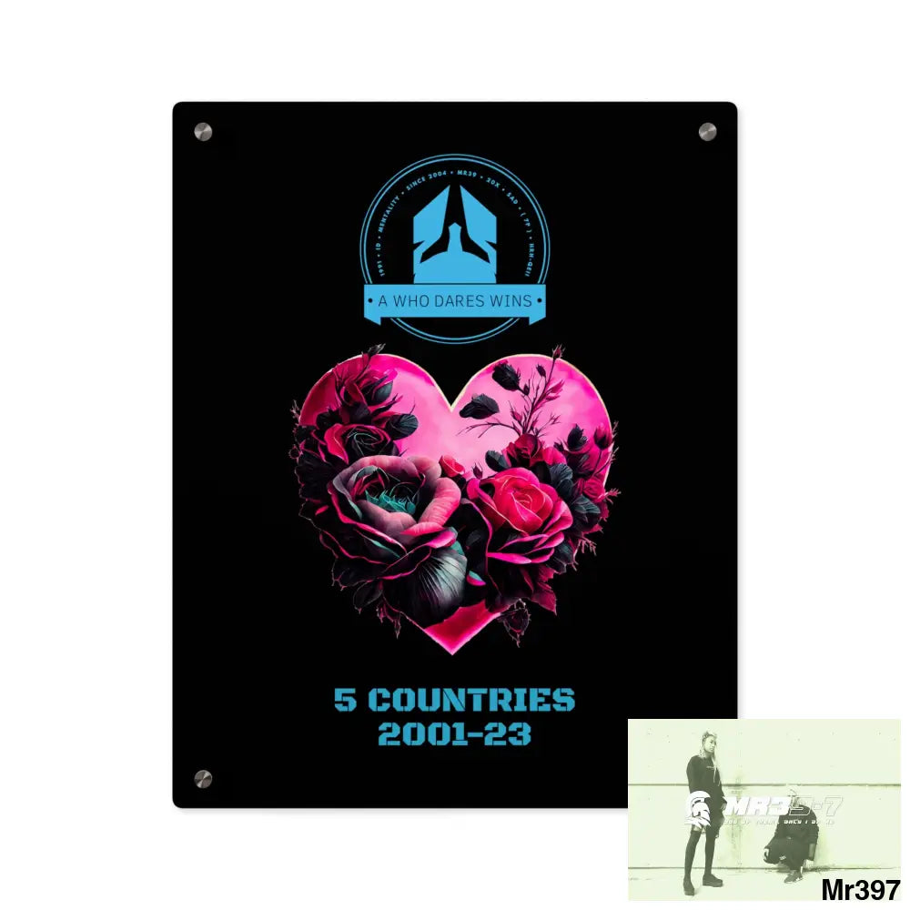 A Who Dares Wins 5 Countries 2001-23 Heart made of pink roses with black accents Acrylic Wall Art Panels 16″ x 20″