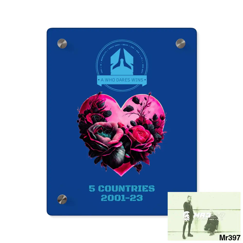 A Who Dares Wins 5 Countries 2001-23 Heart made of pink roses with black accents Acrylic Wall Art Panels 8″ x 10″