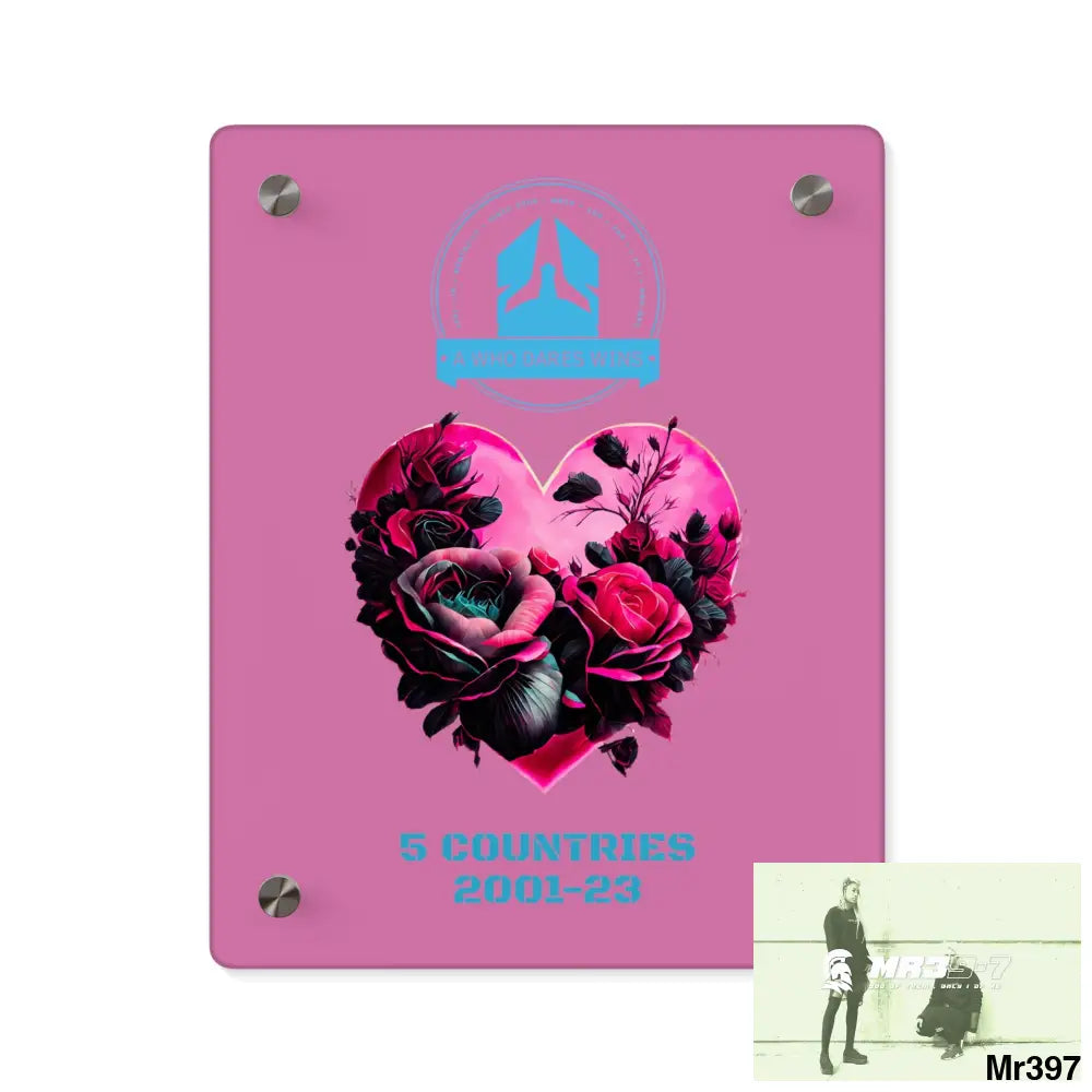 A Who Dares Wins 5 Countries 2001-23 Heart made of pink roses with black accents Acrylic Wall Art Panels 8″ x 10″