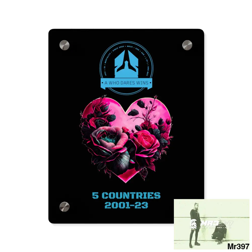 A Who Dares Wins 5 Countries 2001-23 Heart made of pink roses with black accents Acrylic Wall Art Panels 8″ x 10″