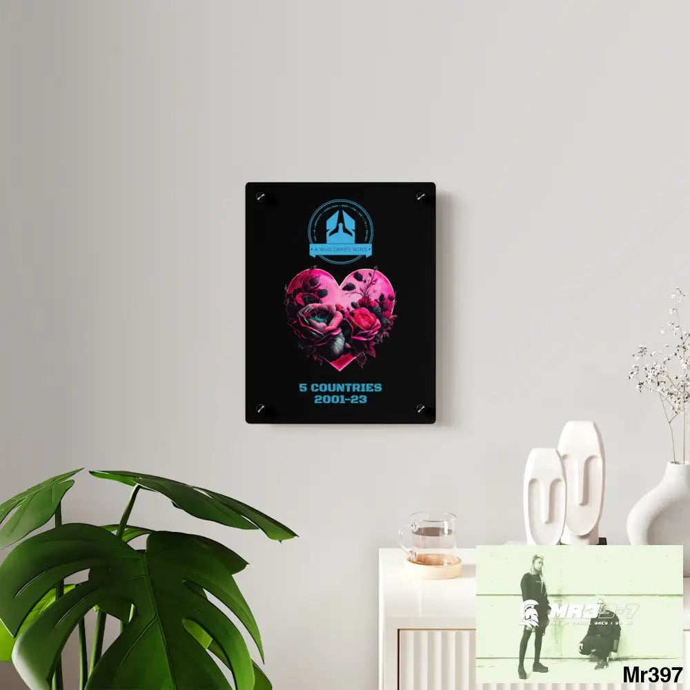 A Who Dares Wins 5 Countries 2001-23 Heart made of pink roses with black accents Acrylic Wall Art Panels Home Decor