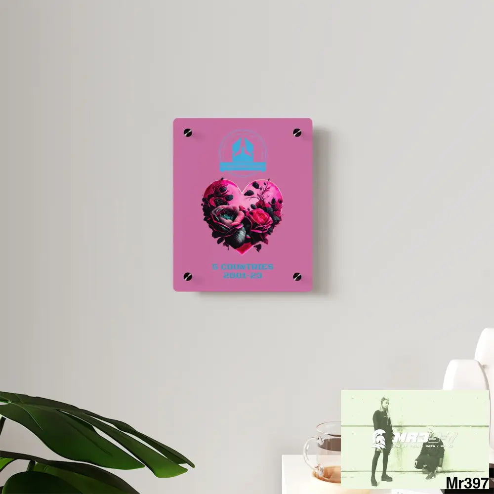 A Who Dares Wins 5 Countries 2001-23 Heart made of pink roses with black accents Acrylic Wall Art Panels Home Decor