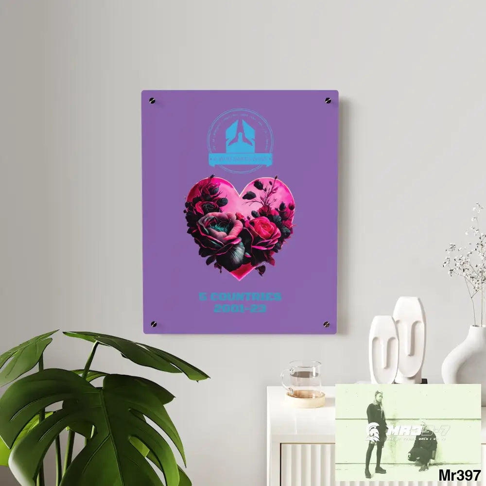 A Who Dares Wins 5 Countries 2001-23 Heart made of pink roses with black accents Acrylic Wall Art Panels Home Decor