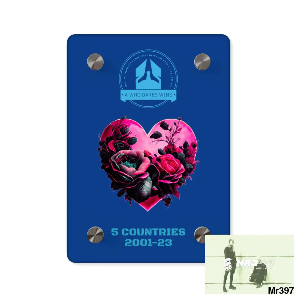 A Who Dares Wins 5 Countries 2001-23 Heart made of pink roses with black accents Acrylic Wall Art Panels 5’’ x 7’’