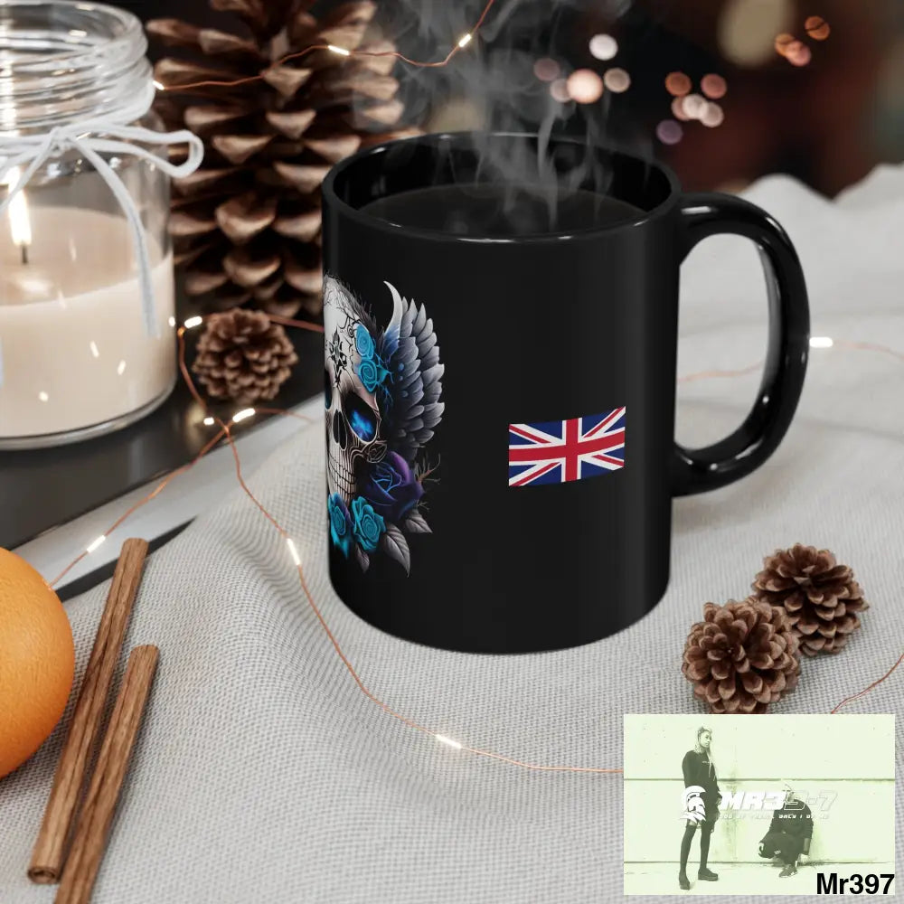 A Who Dares Wins GBR Gothic Skull with Black Wings and Blue Roses 11oz Black Mug 11oz Mug