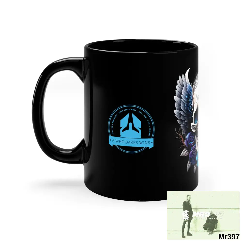 A Who Dares Wins GBR Gothic Skull with Black Wings and Blue Roses 11oz Black Mug 11oz Mug