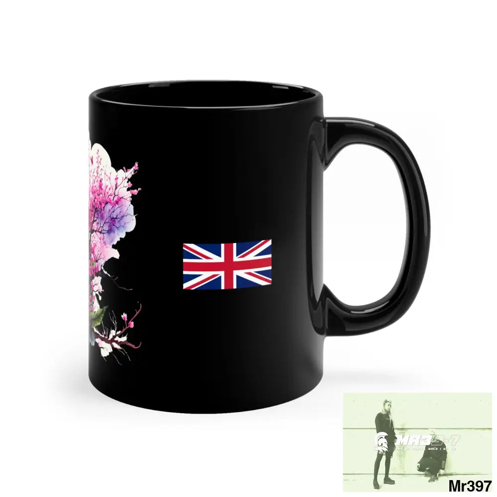 A Who Dares Wins GBR Pink Butterfly on Cherry Tree Branch 11oz Black Mug 11oz Mug
