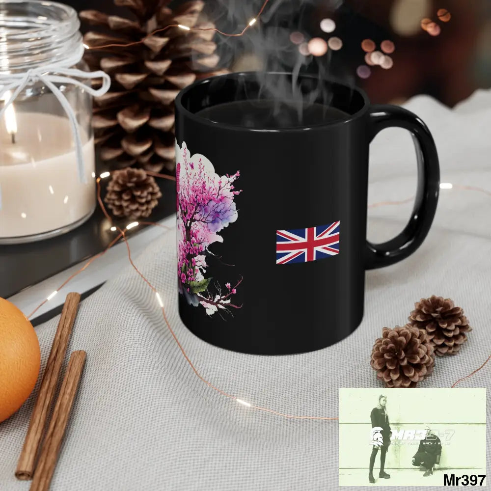 A Who Dares Wins GBR Pink Butterfly on Cherry Tree Branch 11oz Black Mug 11oz Mug
