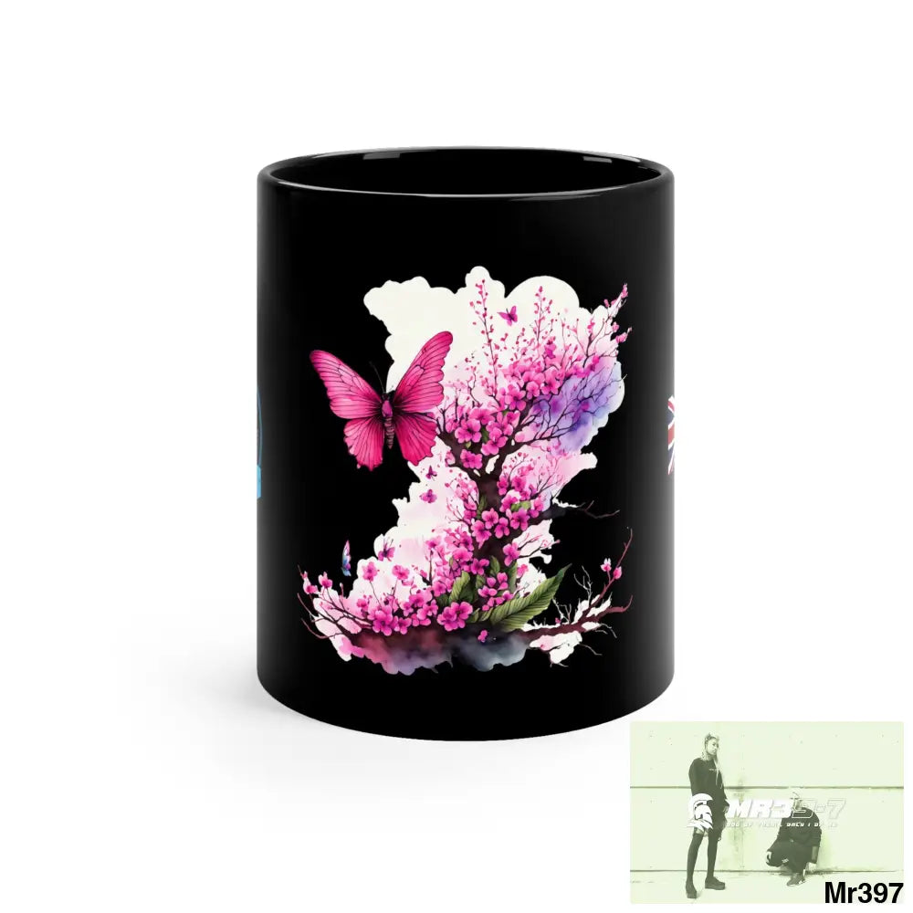 A Who Dares Wins GBR Pink Butterfly on Cherry Tree Branch 11oz Black Mug 11oz Mug