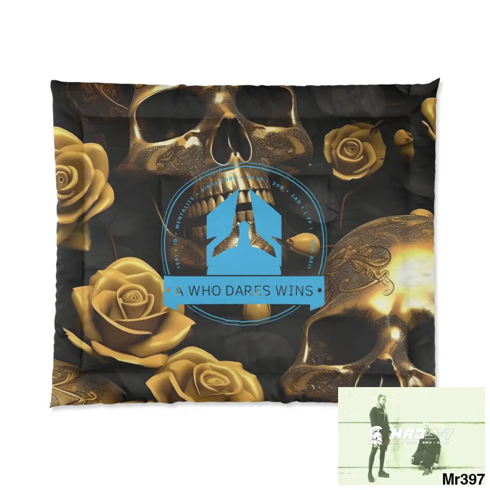 A Who dares Wins Gold Skulls & Roses Comforter 104’’ × 88’’ Home Decor