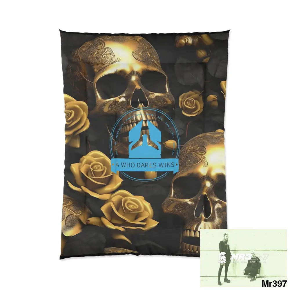 A Who dares Wins Gold Skulls & Roses Comforter 68’’ × 92’’ Home Decor