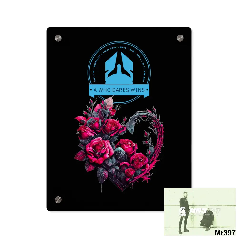 A Who Dares Wins Heart made of Pink Roses on Black Background Acrylic Wall Art Panels 11″ x 14″ (Vertical) / 0.25’’