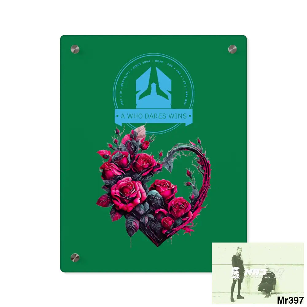 A Who Dares Wins Heart made of Pink Roses on Black Background Acrylic Wall Art Panels 11″ x 14″ (Vertical) / 0.25’’