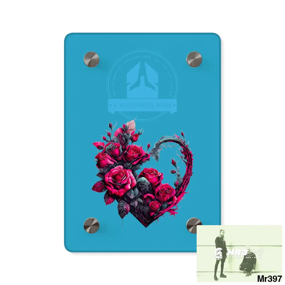 A Who Dares Wins Heart made of Pink Roses on Black Background Acrylic Wall Art Panels 5’’ x 7’’ (Vertical) / 0.25’’