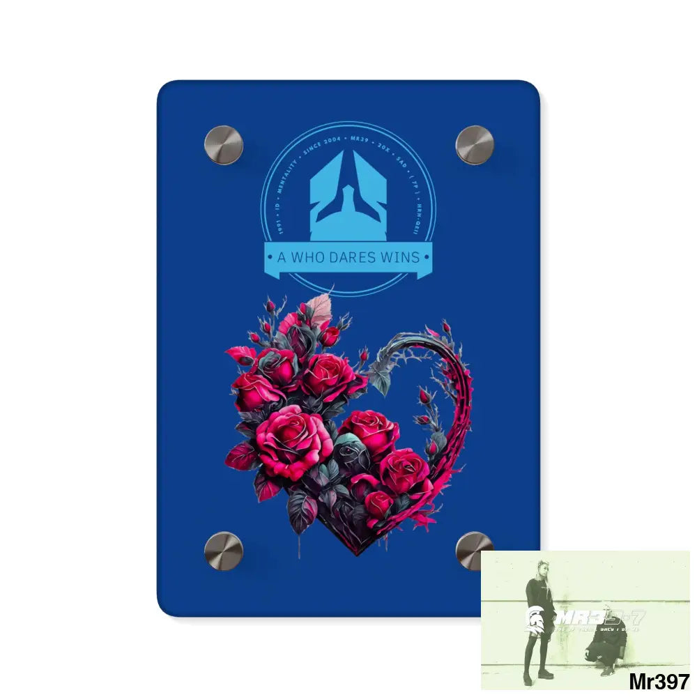 A Who Dares Wins Heart made of Pink Roses on Black Background Acrylic Wall Art Panels 5’’ x 7’’ (Vertical) / 0.25’’