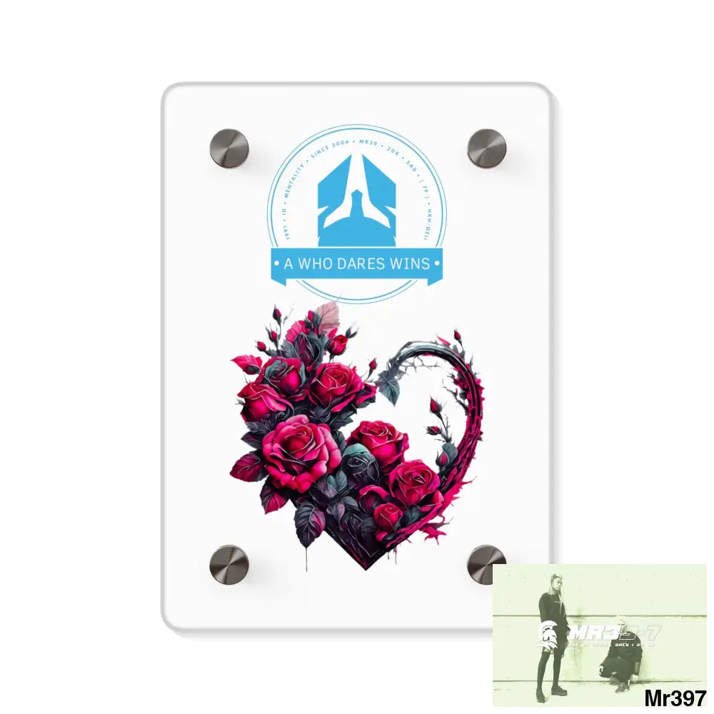 A Who Dares Wins Heart made of Pink Roses on Black Background Acrylic Wall Art Panels 5’’ x 7’’ (Vertical) / 0.25’’