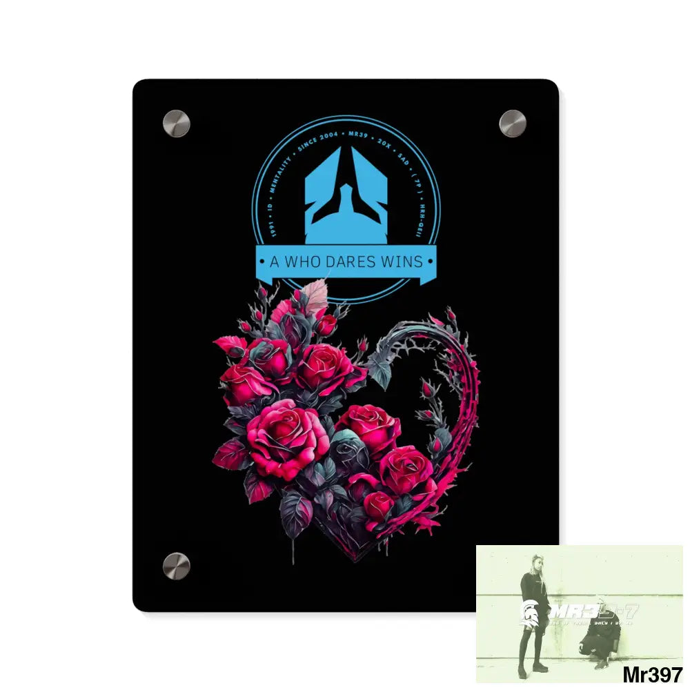 A Who Dares Wins Heart made of Pink Roses on Black Background Acrylic Wall Art Panels 8″ x 10″ (Vertical) / 0.25’’ Home
