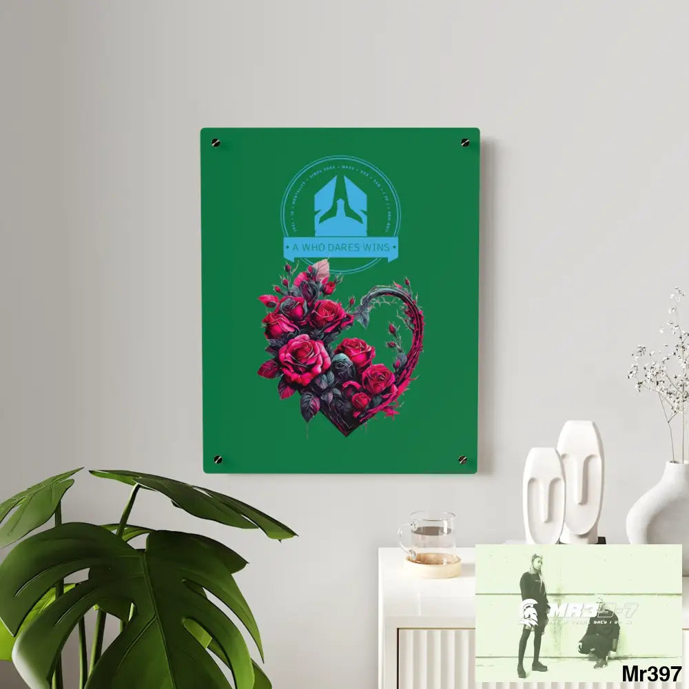 A Who Dares Wins Heart made of Pink Roses on Black Background Acrylic Wall Art Panels Home Decor