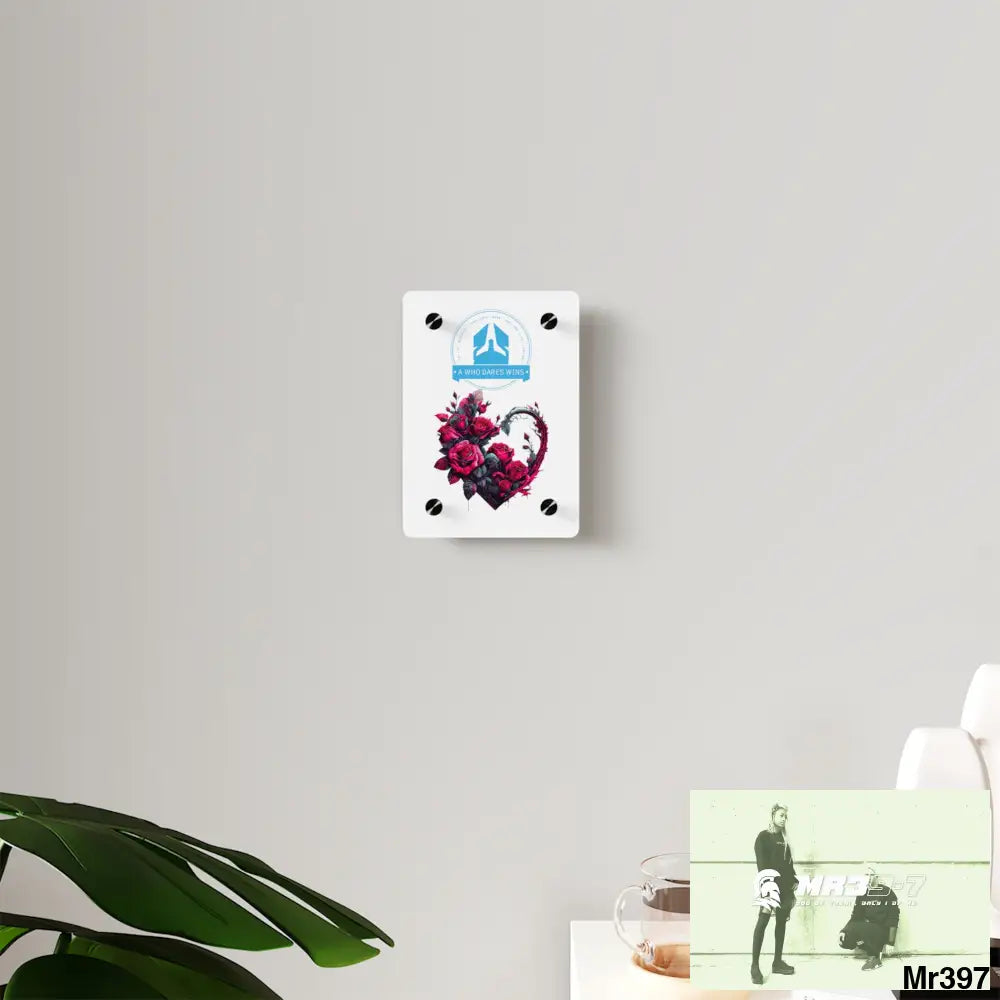 A Who Dares Wins Heart made of Pink Roses on Black Background Acrylic Wall Art Panels Home Decor
